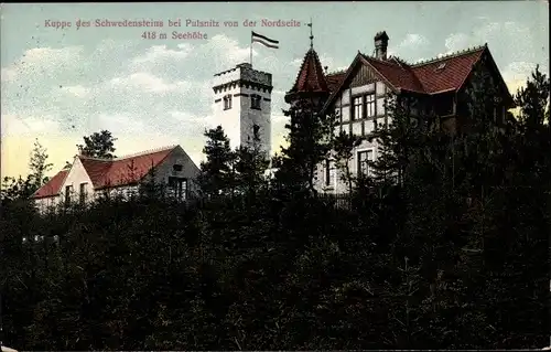 Ak Pulsnitz im Kreis Bautzen, Berggasthaus Schwedenstein, Flagge, Turm