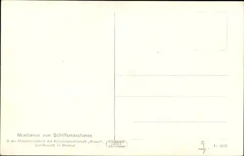 Ak Hansestadt Bremen, Montieren v. Schiffsmaschinen, Maschinenfabrik AG Weser