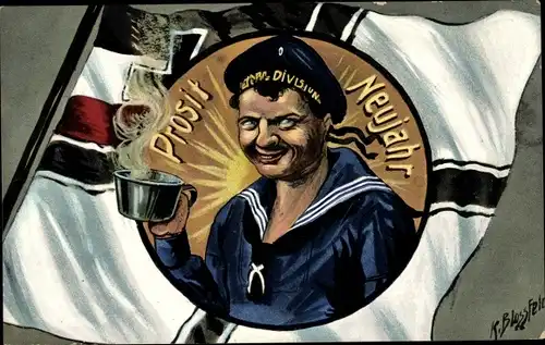 Künstler Ak Blossfeld, Karl, Marinesoldat, Prosit Neujahr