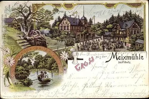 Litho Dresden Nordost Pillnitz, Gruss aus der Meixmühle, Ruderpartie