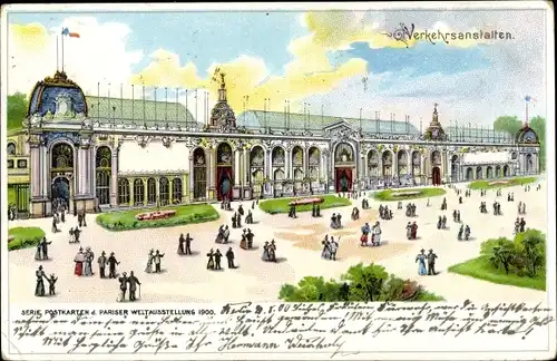 Litho Paris, Weltausstellung 1900, Pavillon der Verkehrsanstalten
