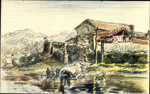 Künstler Ak Ontivia, O., Astigarraga Baskenland, Un lavadero sobre el rio Urumea en Ergobia