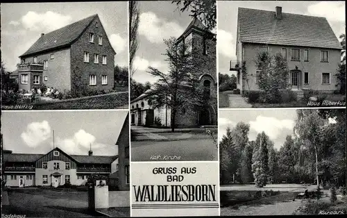 Ak Bad Waldliesborn Lippstadt in Westfalen, Haus Hubertus, Kirche, Kurpark, Badehaus, Haus Heitzig