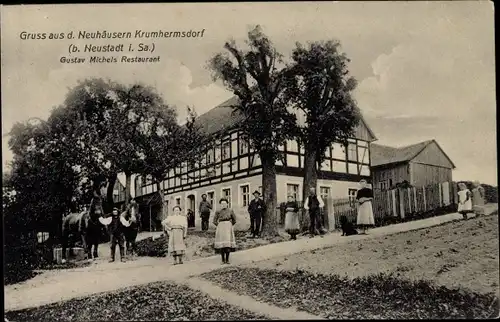 Ak Neuhäusern Krumhermsdorf Neustadt in Sachsen, Restaurant von Gustav Michel, Anwohner, Pferde
