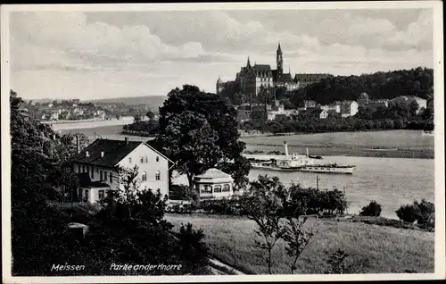 Ak Meißen in Sachsen, Partie an der Knorre, Gastwirtschaft Erich Tamme, Dampfer, Albrechtsburg