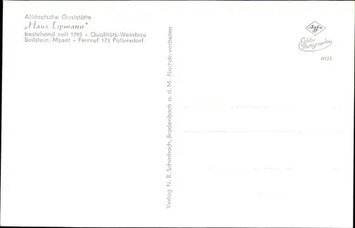 Ak Beilstein an der Mosel, Gaststätte Haus Lipmann, Waffen an den Wänden, Tafel