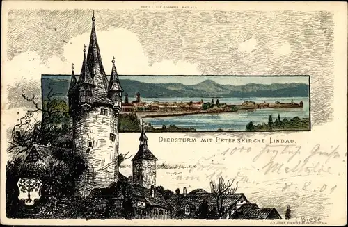 Künstler Litho Biese, C., Lindau am Bodensee Schwaben, Diebsturm, Peterskirche, Wappen
