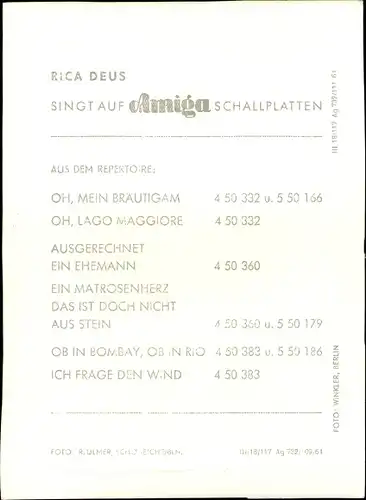 Ak Schauspielerin und Sängerin Rica Deus, Portrait, Amiga Schallplatten