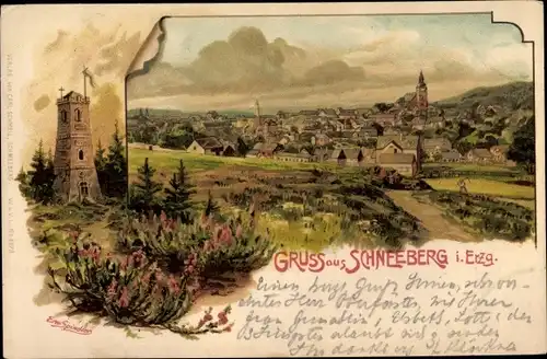 Künstler Litho Spindler, Erwin, Schneeberg im Erzgebirge, Blick auf den Ort