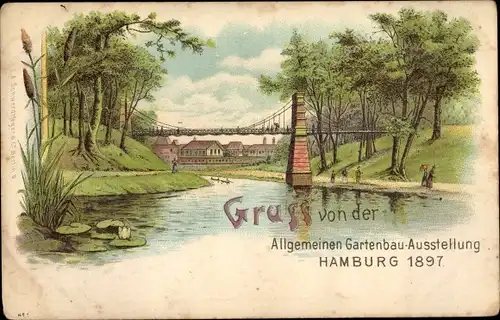 Litho Hamburg Mitte, Allgemeine Gartenbau Ausstellung 1897, Parkpartie