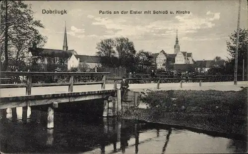 Ak Dobrilugk Doberlug Kirchhain in Brandenburg, Partie an der Elster, Schloss, Kirche