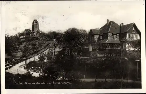 Ak Guben in der Niederlausitz, Bismarckbaude und Bismarckturm