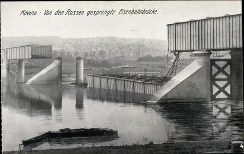Ak Kaunas Kowno Kauen Litauen, Von den Russen gesprengte Eisenbahnbrücke, I WK
