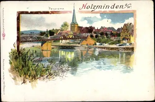 Litho Holzminden an der Weser, Panorama der Ortschaft