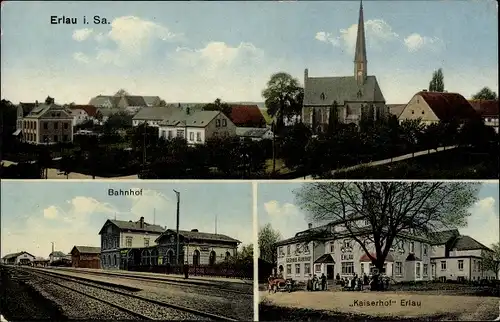 Ak Erlau in Sachsen, Ortschaft, Bahnhof, Kaiserhof