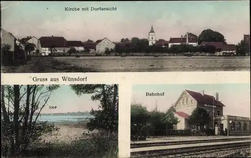 Ak Wünsdorf Zossen in Brandenburg, Kirche, Dorfansicht, See, Bahnhof