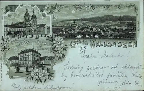 Mondschein Litho Waldsassen in der Oberpfalz, Kirche, Haus Rockstroh, Panorama
