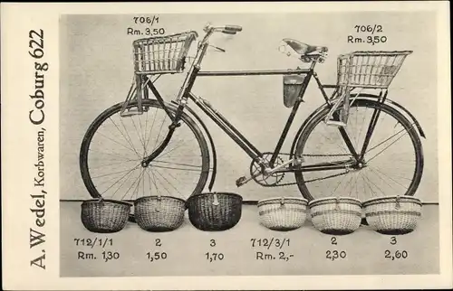 Ak Coburg in Oberfranken, A. Wedel Korbwaren, Fahrrad mit Kindersitz