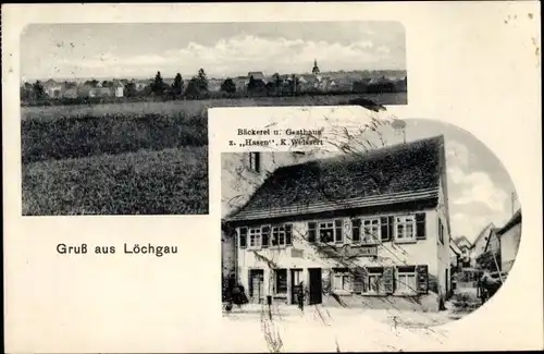 Ak Löchgau in Württemberg, Bäckerei und Gasthaus zum Hasen v. K. Weissert, Panorama