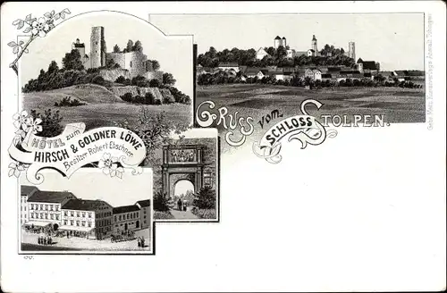 Litho Stolpen in Sachsen, Schloss, Hotel zum Hirsch, Goldner Löwe, Inh. Robert Ebschner