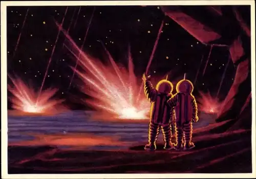 Künstler Ak Sokolow, A., Sowjetische Raumfahrt, Kosmonauten auf dem Mond, Meteoriteneinschlag