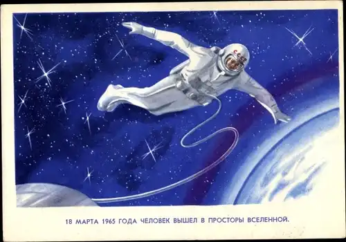 Künstler Ak Sacharschewski, N., Kosmonaut Alexei Archipowitsch Leonow, erster Außenbordeinsatz, 1965