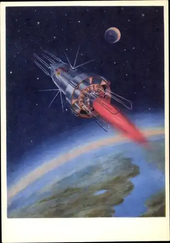 Künstler Ak Leonow, A., Sowjetische Raumfahrt, Raumfahrzeug über der Erde