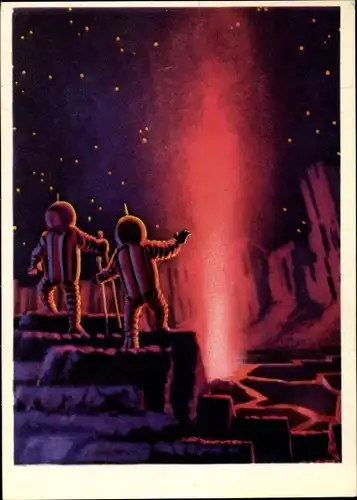 Künstler Ak Sokolow, A.,Sowjetische Raumfahrt, Kosmonauten, Vulkan auf dem Mond