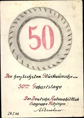 Handgemalt Ak Glückwunsch Geburtstag, Deutscher Automobilklub Ortsgruppe Kitzingen, 1940
