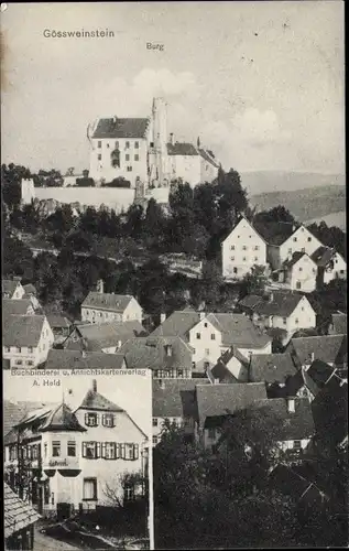 Ak Gößweinstein in Oberfranken, Panorama mit der Burg, Buchbinderei Ansichtskartenverlag A. Held