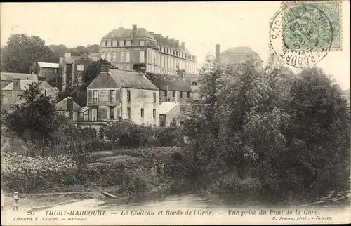 Ak Thury Harcourt Calvados, Le Chateau et Bords de l'Orne, Vue prise du Pont de la Gare