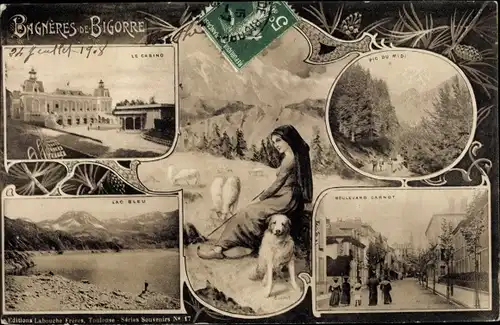 Ak Bagnères de Bigorre Hautes Pyrénées, Boulevard Carnot, Le Casino, Lac Bleu, Frau mit Hund