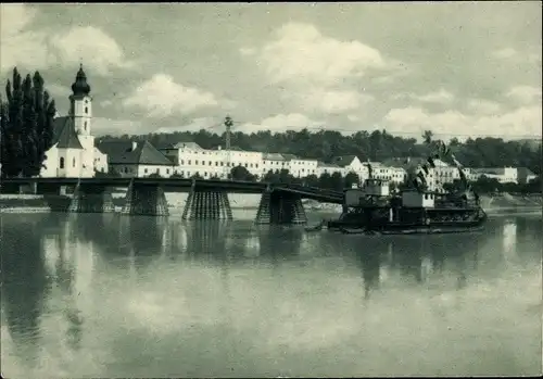 Ak Aschach an der Donau Oberösterreich, Blick auf den Ort, Brücke, Fähre