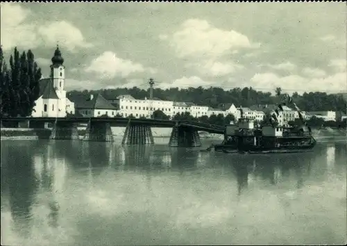 Ak Aschach an der Donau Oberösterreich, Blick auf den Ort, Brücke, Fähre