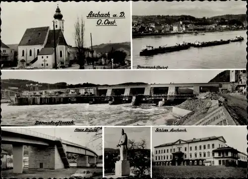 Ak Aschach an der Donau Oberösterreich, Donaukraftwerk, Neue Brücke, Schloss, Denkmal