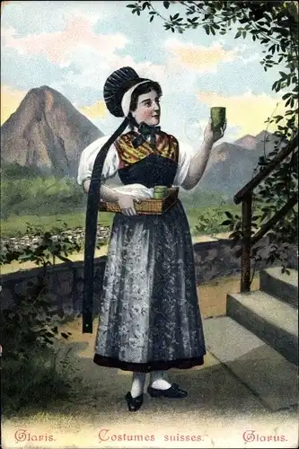 Ak Kanton Glarus Schweiz, Frau in Tracht, Costumes suisses