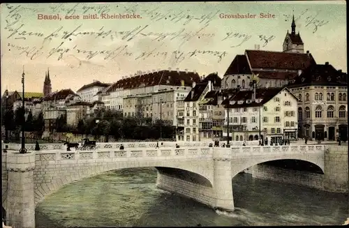 Ak Bâle Basel Stadt Schweiz, Neue mittl. Rheinbrücke, Grossbasler Seite