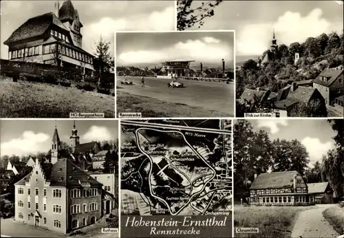 Ak Hohenstein Ernstthal in Sachsen, Rennstrecke, Rathaus, Blick zur Kirche, Clausmühle, Berggasthaus