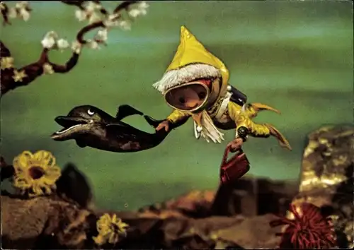 Ak Unser Sandmännchen, Sandmann, DDR Kinderfernsehen, Taucher, Delfin, 6802