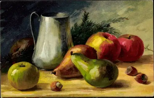 Künstler Ak Stillleben, Früchte, Birnen, Äpfel, Nüsse, Krug