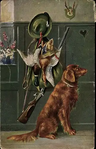 Künstler Ak Jagdmotiv, Jagdhund, erlegte Enten, Gewehr