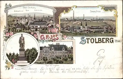 Litho Stolberg im Rheinland, Post, Kaiserplatz, Kaiser Wilhelm I Denkmal, Burg, Kirche