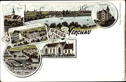 Litho Nerchau Grimma in Sachsen, Panorama vom Ort, Kirche, Villa Hessel, Beamtenschule, Farbenfabrik