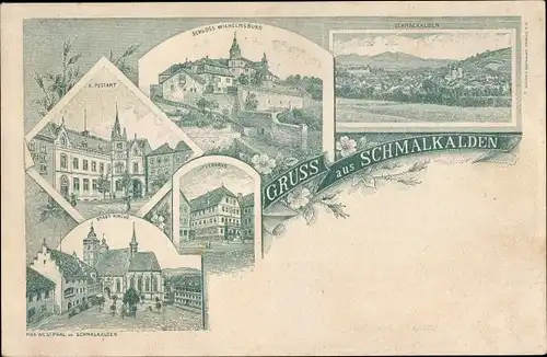 Litho Schmalkalden im Thüringer Wald, Schloss Wilhelmsburg, Postamt, Stadtkirche