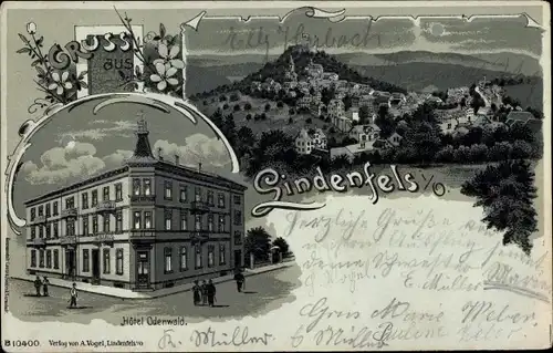 Mondschein Litho Lindenfels im Odenwald, Hotel, Blick auf den Ort