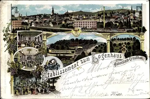 Litho Hohenstein Ernstthal in Sachsen, Etablissement zum Logenhaus, Blick auf den Ort