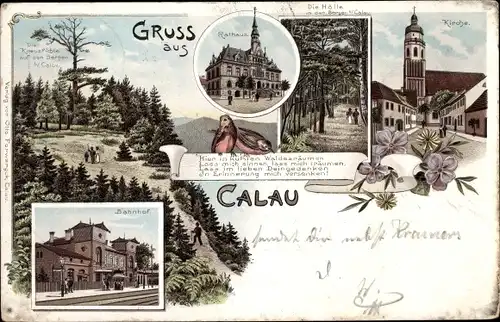 Litho Calau in der Niederlausitz, Hölle, Kirche, Rathaus, Bahnhof, Gleisseite