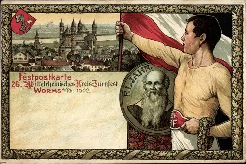 Wappen Litho Worms am Rhein, 26. Mittelrheinisches Kreis Turnfest 1902, Turnvater Jahn