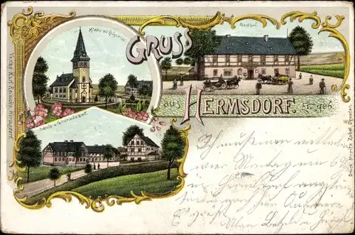 Litho Hermsdorf im Osterzgebirge, Kirche, Erbgericht, Gasthof, Schule, Gemeindeamt