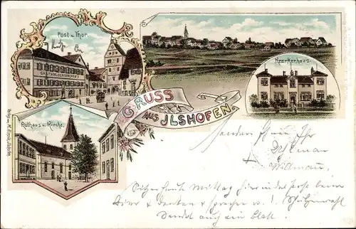 Litho Ilshofen in Baden Württemberg, Krankenhaus, Post, Tor, Rathaus, Kirche